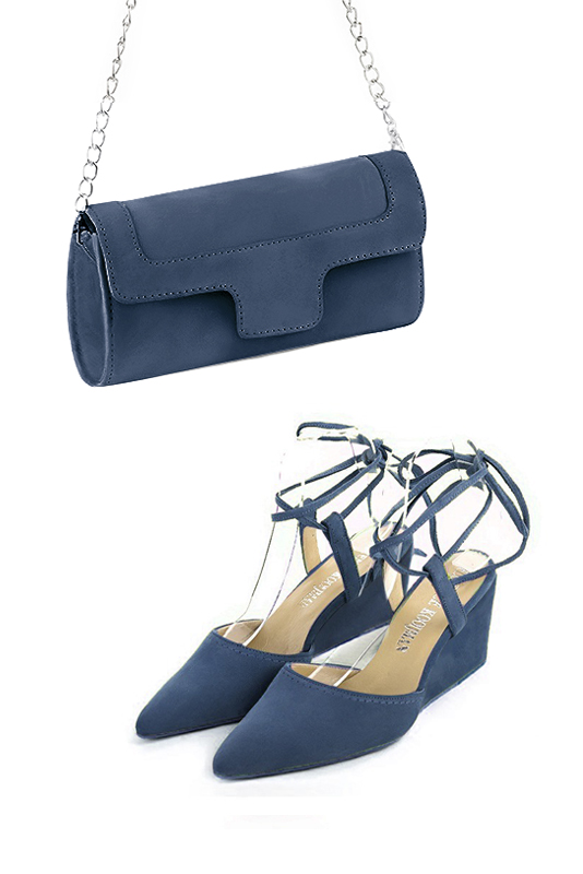 Dress clutch for wedding and parties in denim blue leather - Worn view